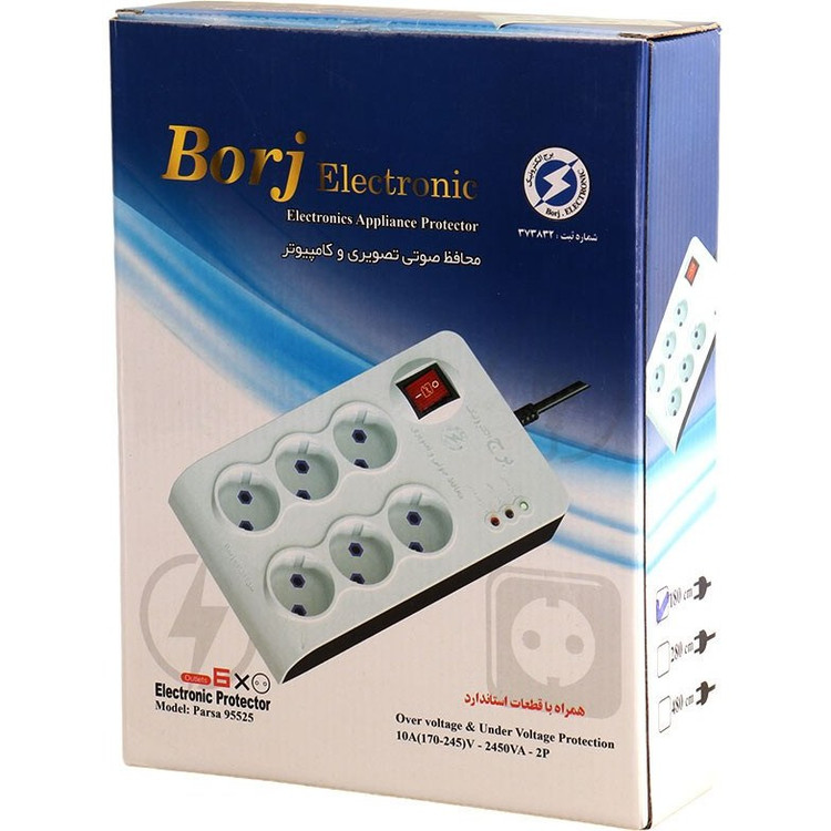 محافظ برق صوتی و تصویری 6 خانه برج الکترونیک با کابل 1.8 متری Parsa 95525