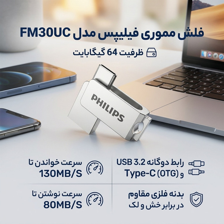 فلش مموری فیلیپس مدل FM30UC OTG 3.2 ظرفیت 64 گیگابایت با رابط USB 3.2