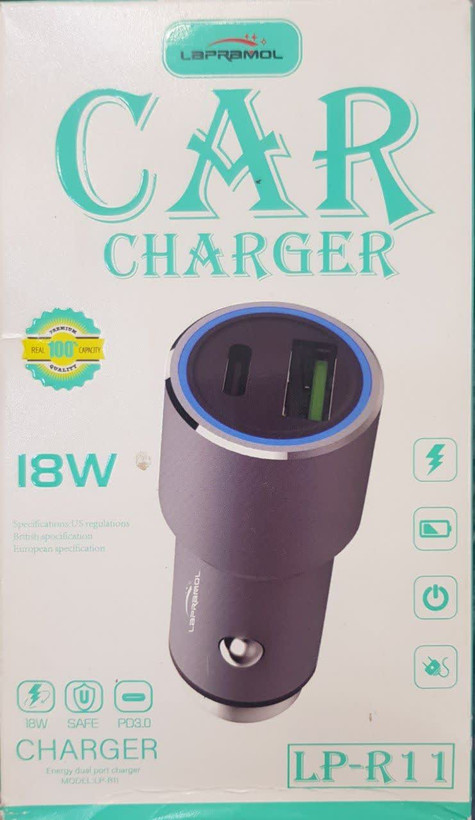 شارژر فندکی 18 وات فست شارژ با کابل USB به Type-C برند LAPRAMOL مدل LP-R11 (پک قدیمی آف خورده)