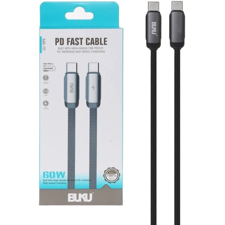کابل شارژ فست Type-C to Type-C برند BUKU اورجینال مدل MA-111 مشکی 60W کنفی