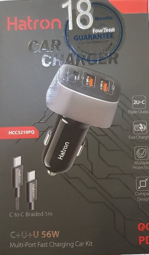 شارژر فندکی 56 وات هترون HCC3210PQ به همراه کابل شارژ دو سر تایپ سی - دو پورت USB - یک پورت C
