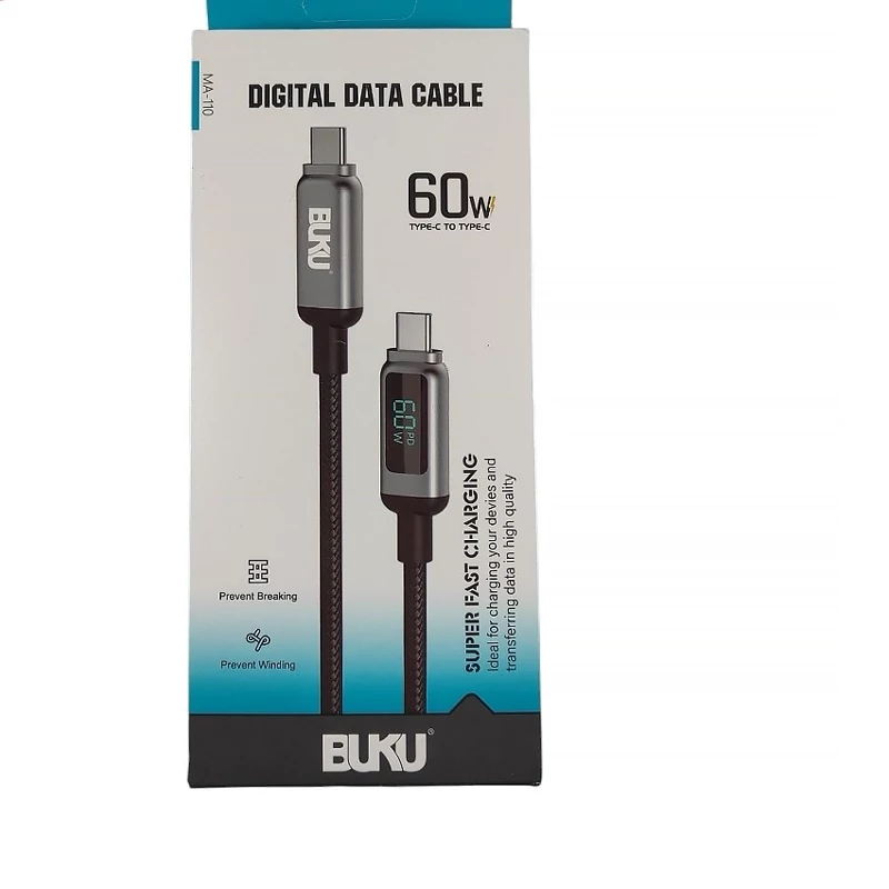 کابل شارژ فست Type-C to Type-C بوکو BUKU اورجینال 100W نمایشگر LED مدل MA-110 کنفی سر فلزی مشکی کد 300600