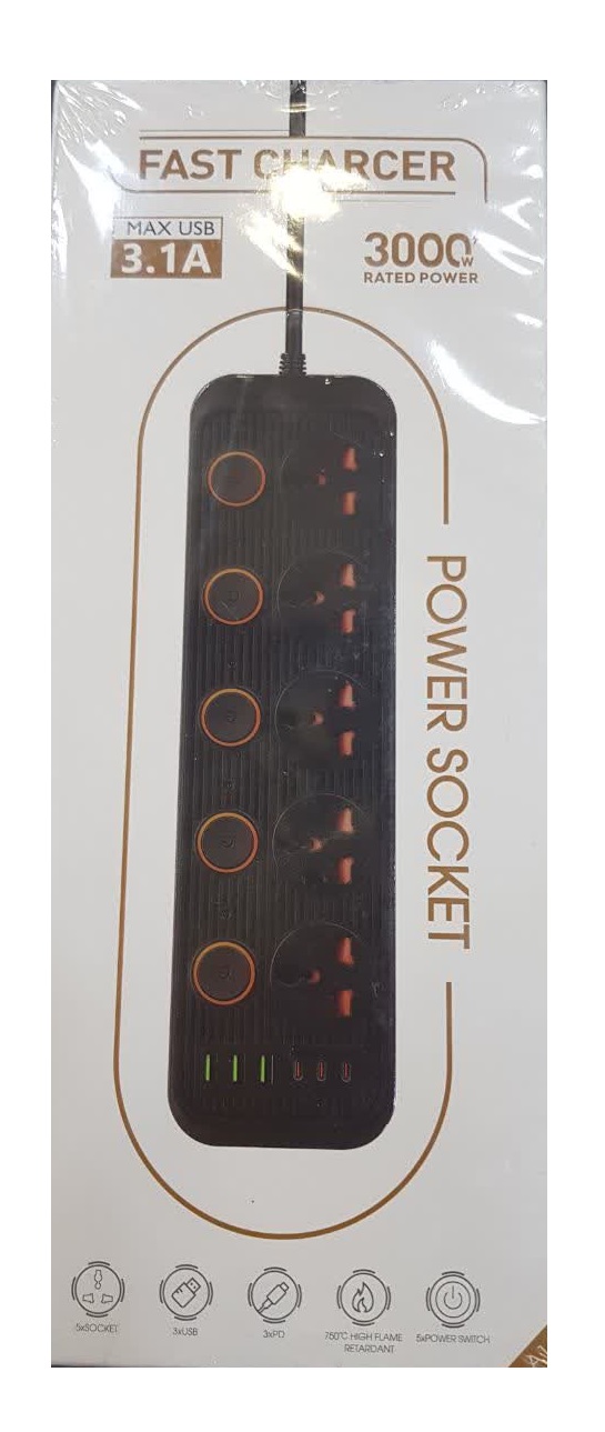 رابط برق 5 خانه کلید دار usb شارژر 3000 میلی آمپر Power Socket