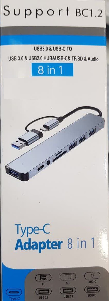 هاب 8 پورت تایپ C به USB و رم ریدر و تایپ سی و هدفون 8 IN 1