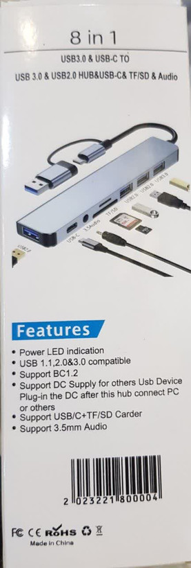 هاب 8 پورت تایپ C به USB و رم ریدر و تایپ سی و هدفون 8 IN 1