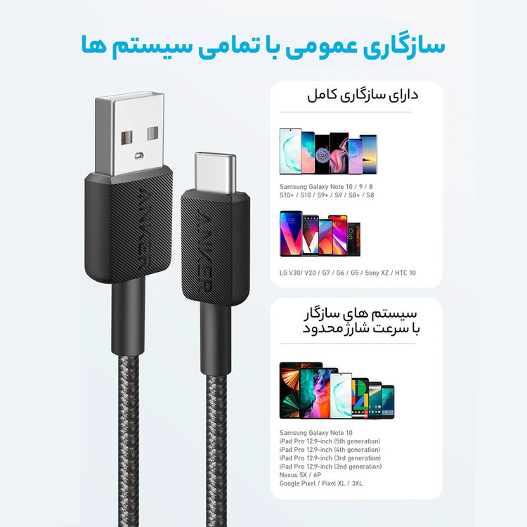 کابل شارژ USB به USB-C انکر مدل 322/A81H5 طول 0.9 متر
