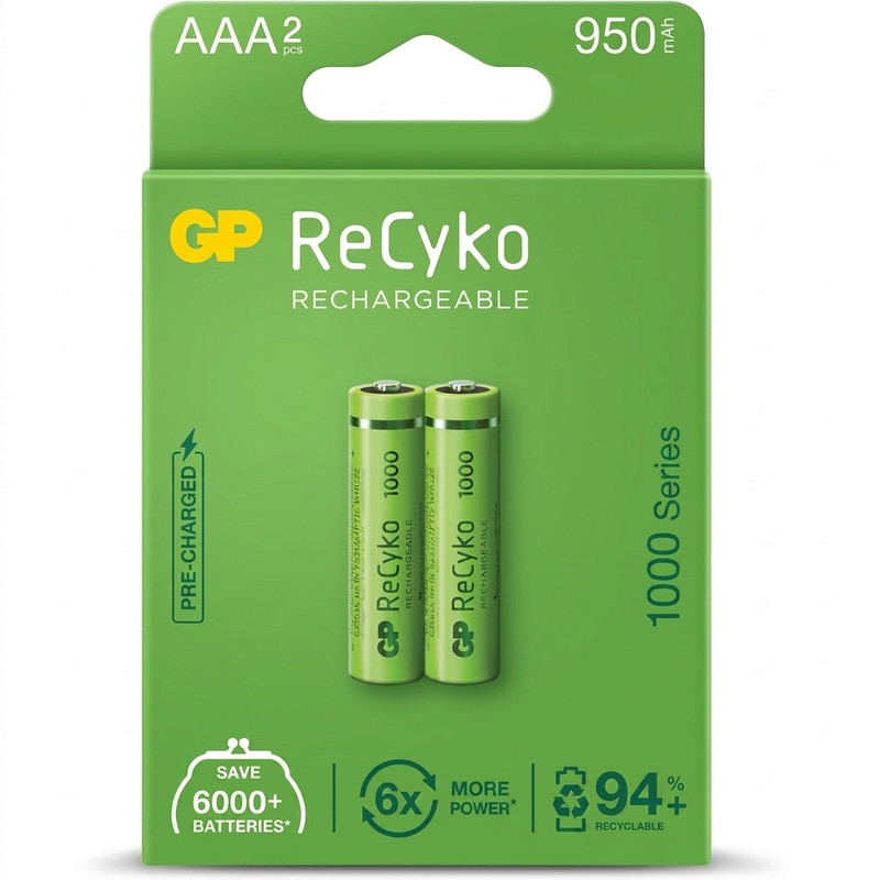باتری نیم قلمی قابل شارژ جی پی مدل (Rechargeable Recyko 950 (1000 series بسته دو عددی GP AAA