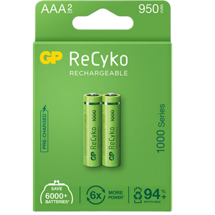 باتری نیم قلمی قابل شارژ جی پی مدل (Rechargeable Recyko 950 (1000 series بسته دو عددی GP AAA